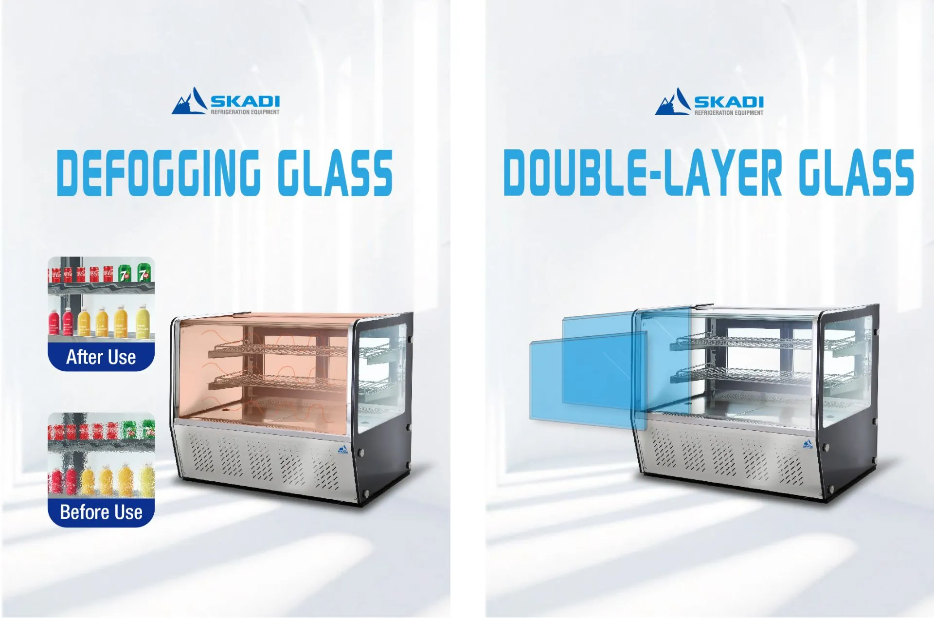 Promotional image for Compact Countertop Commercial Cake Display Cabinet | CTSR displaying defogging glass technology with a before and after comparison and double-layered glass design.