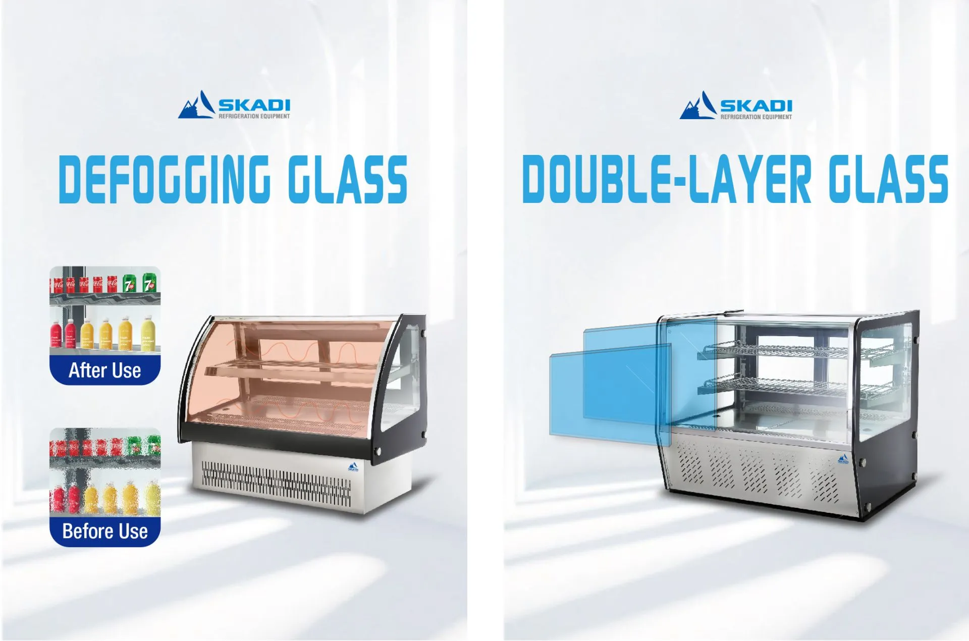 Promotional image highlighting the defogging glass and double-layered glass features of the Sleek Curved Glass Countertop Cake Display Showcase | CTX, with a before and after comparison of defogging performance.