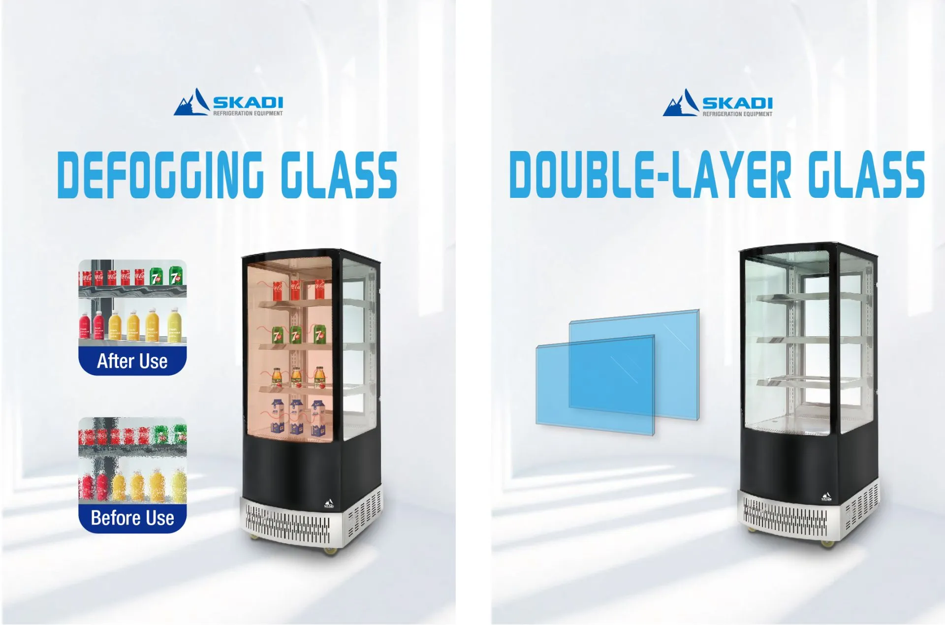 Promotional image for the Born for Bulk Orders | Vertical Upright Chiller | FGB series, highlighting the defogging glass technology with a before and after comparison, and the double-layer tempered glass for enhanced insulation and visibility.