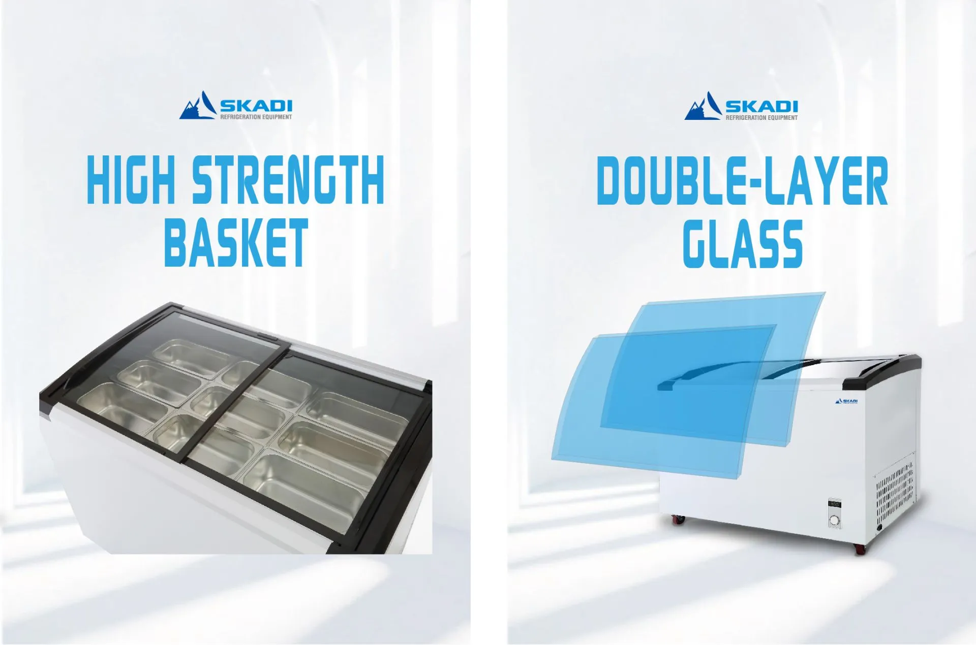 Promotional graphic for the High-Performance Freezer Display Unit | CFS, featuring a high-strength basket for product storage and double-layered glass for enhanced durability and insulation.