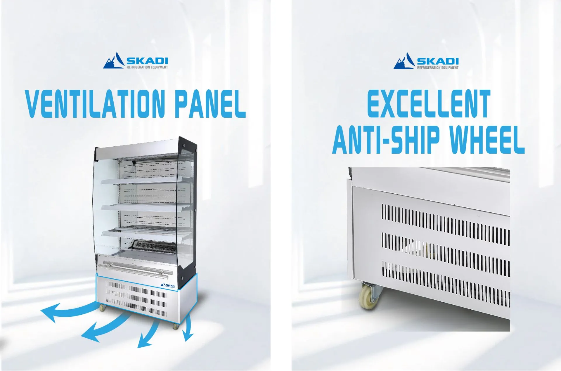 Ventilation panel for the Advanced Open Chiller for Bulk Orders EOC, illustrating air flow patterns for enhanced cooling efficiency, and a close-up of anti-slip wheels designed for stability and easy mobility in retail environments.