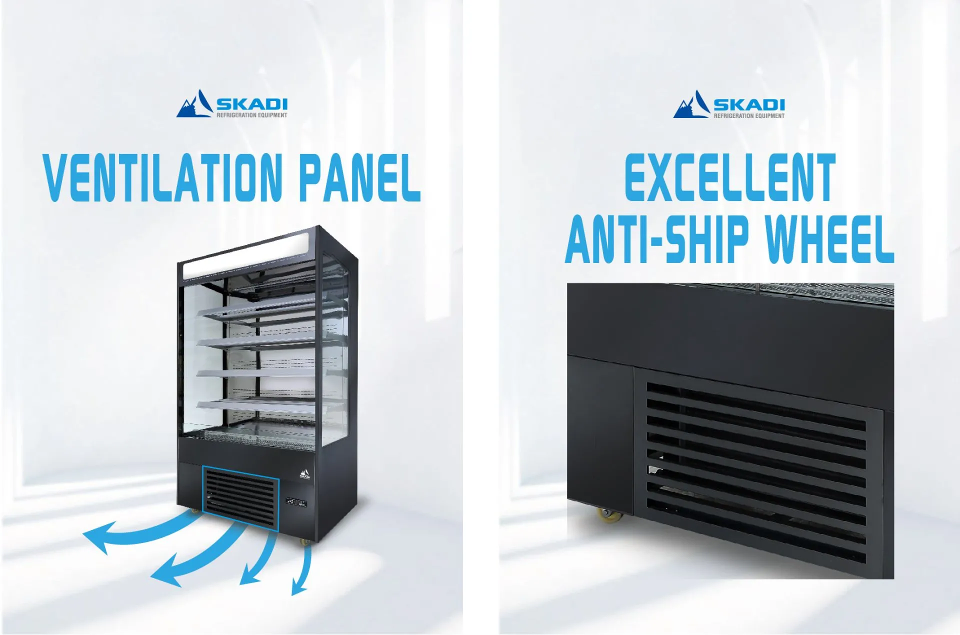 Close-up of the [High-Efficiency Open Chiller for Corporate Environments | LOC] ventilation panel with blue arrows indicating airflow for effective ventilation, alongside an image of its base featuring "Excellent Anti-Ship Wheel," which highlights mobility and stability in corporate environments.