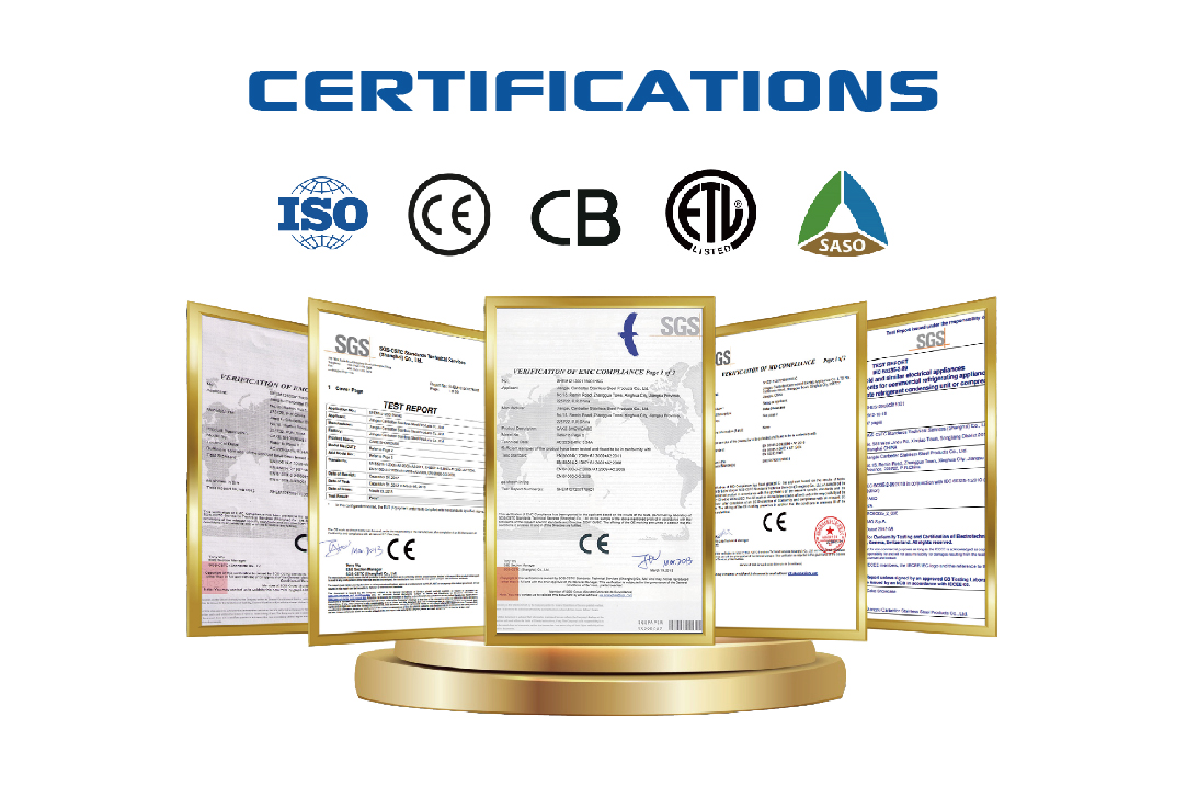 Certification icons, including ISO, CE, CB, ETL, and SASO, above a display of framed certificates from SGS, showcasing SKADI refrigeration equipment's international compliance and quality certifications.