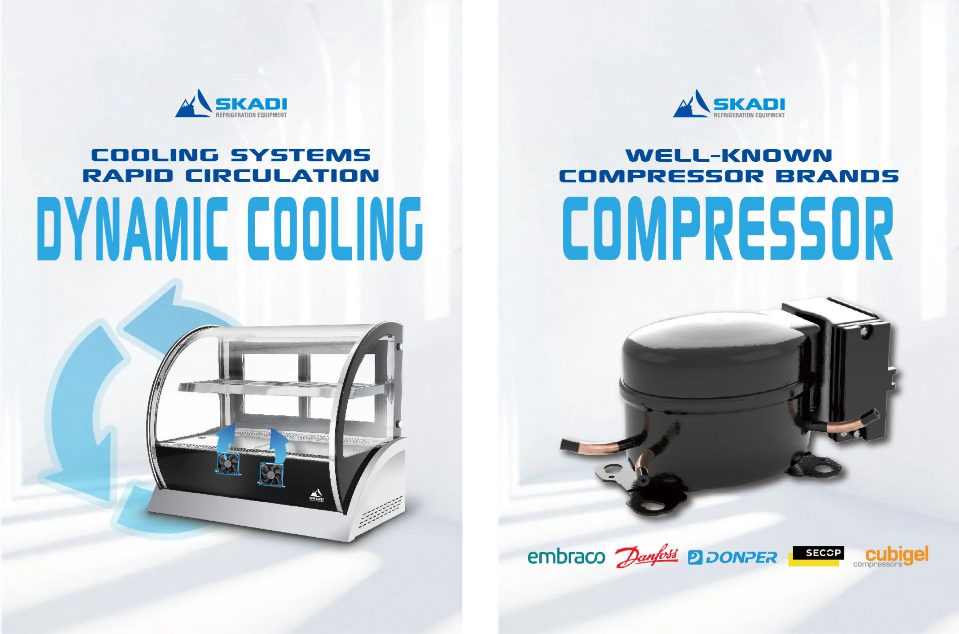 A promotional image for the [Curved Glass Countertop Cake Showcase | CTC] highlighting dynamic cooling technology with rapid circulation, alongside a compressor used in the showcase. The image features an illustration of the showcase with airflow arrows and logos of compressor brands like Embraco, Danfoss, Donper, Secop, and Cubigel.