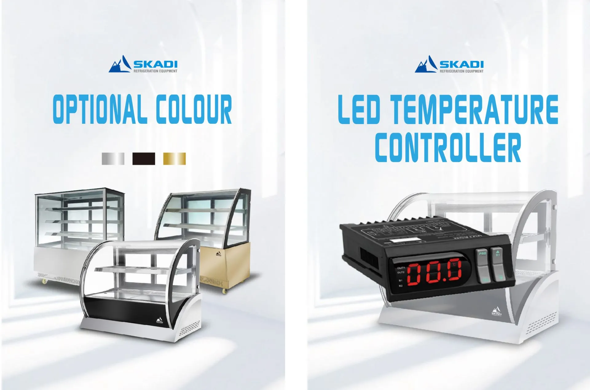 An image highlighting the optional colors and LED temperature controller for the [Curved Glass Countertop Cake Showcase | CTC]. The showcase is available in stainless steel, black, and gold finishes, and the image also features a close-up of the digital LED temperature display with control buttons.