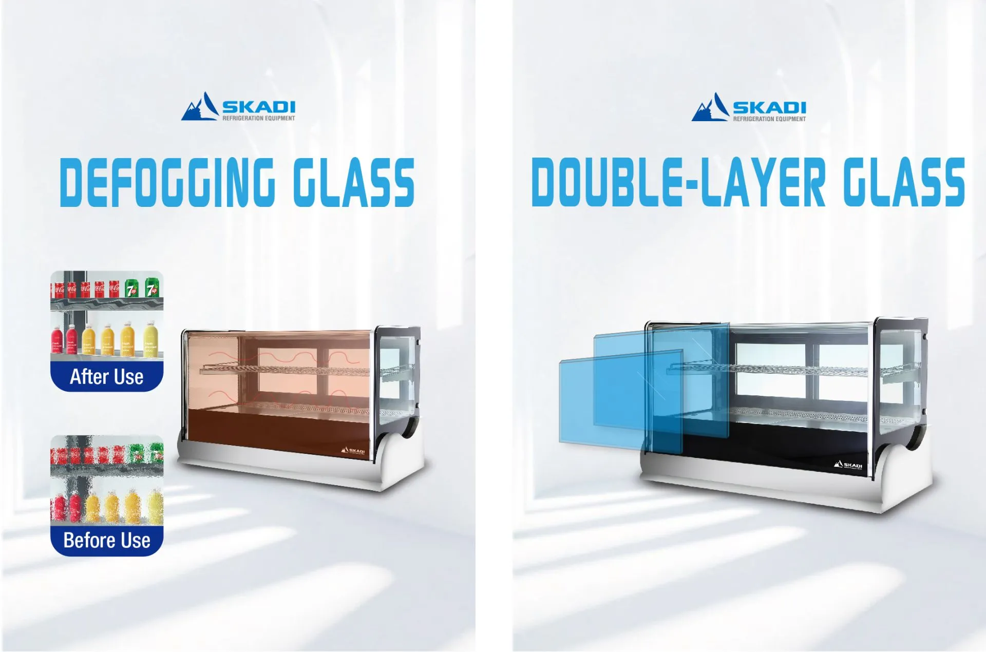 Display of defogging and double-layered glass features for the Spacious Countertop Cake Display Cabinet | CTR. The left image contrasts glass visibility before and after defogging use, while the right image highlights the durability and insulation of double-layer glass.