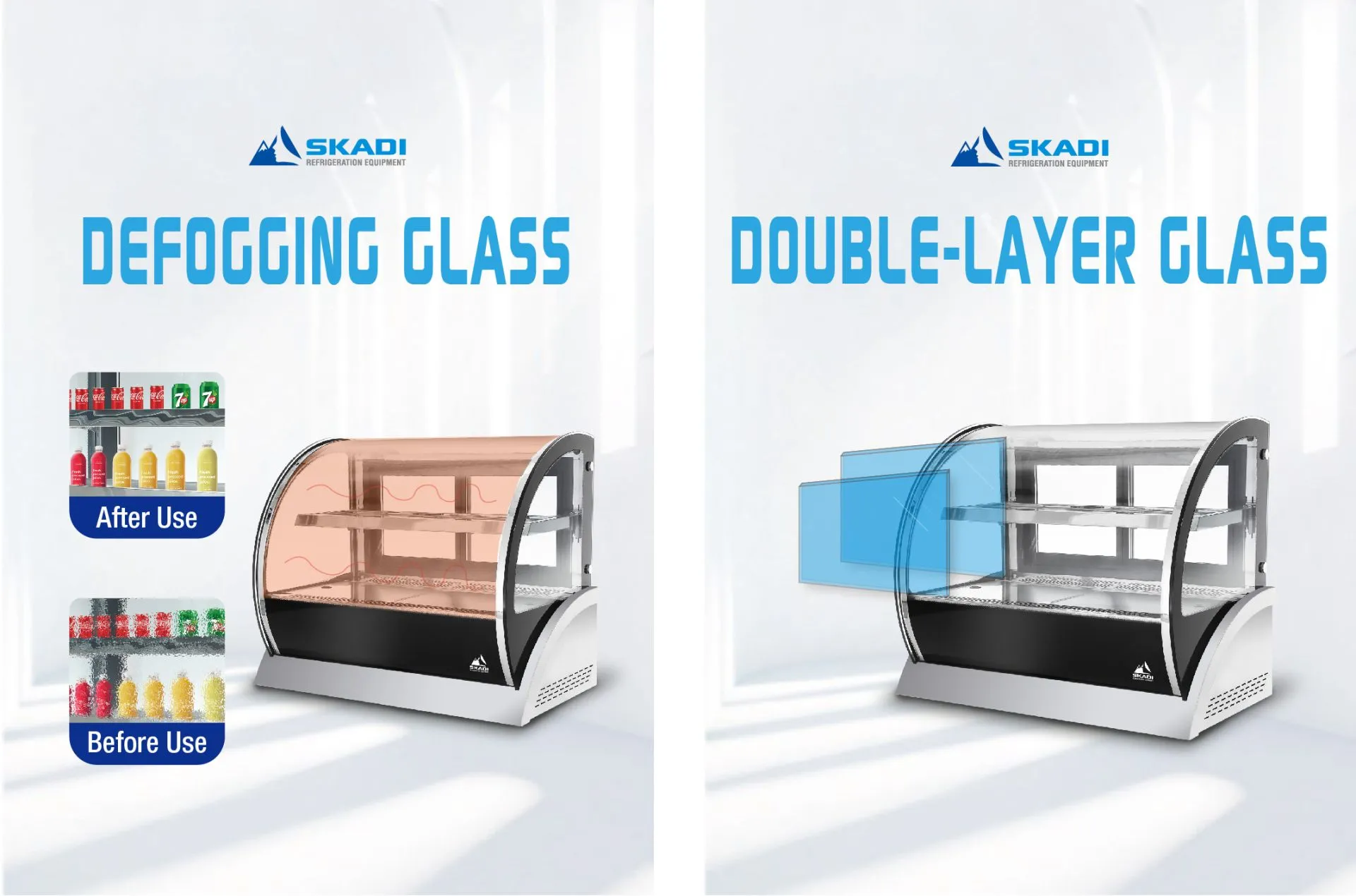 A promotional image showing the defogging glass and double-layer glass features of the [Curved Glass Countertop Cake Showcase | CTC], with a before and after comparison of beverage bottles through fogged and clear glass, as well as layered glass panes to highlight insulation benefits.