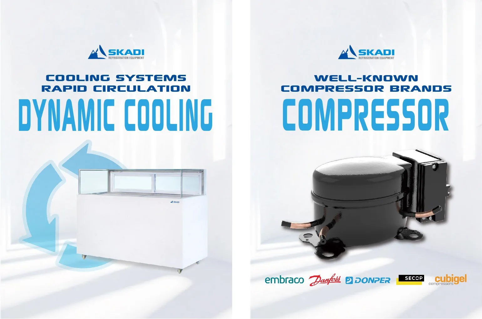 Wide Commercial Cake Display Refrigerator | LJR promoting dynamic cooling with rapid air circulation, featuring a large cooling symbol, a view of the display fridge, and highlighting well-known compressor brands like Embraco, Danfoss, Donper, Secop, and Cubigel, with an image of a compressor unit.