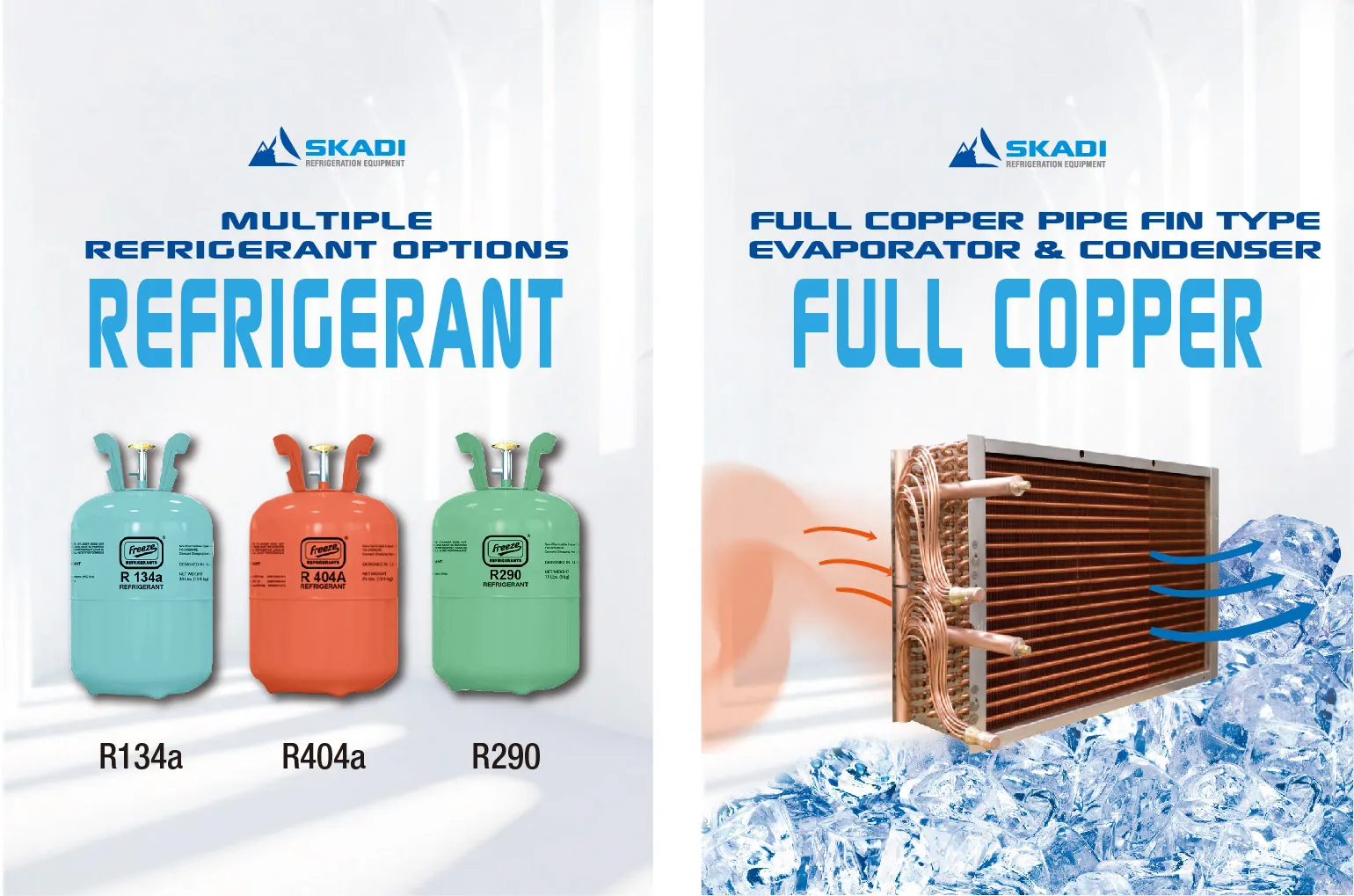 Wide Commercial Cake Display Refrigerator | LJR showcasing multiple refrigerant options: R134a, R404a, and R290, with visual representations of refrigerant tanks, and promoting the full copper pipe fin-type evaporator and condenser for efficient cooling with an image of the copper cooling system.