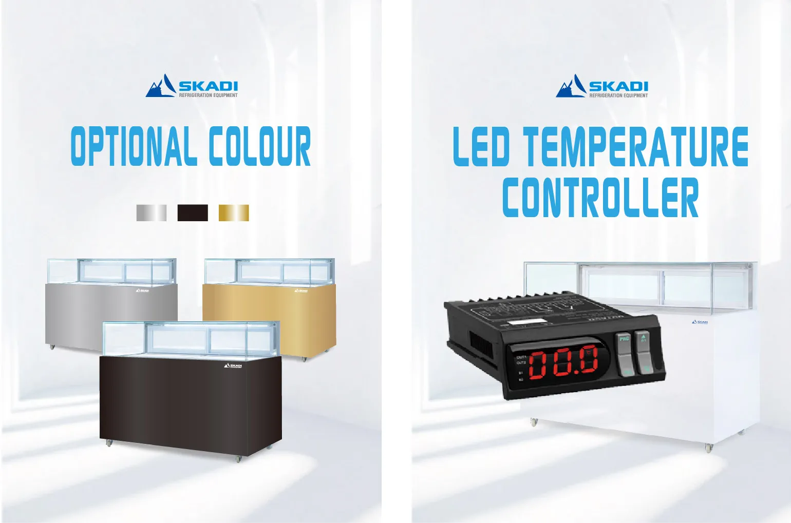 Wide Commercial Cake Display Refrigerator | LJR offering optional color choices in stainless steel, black, gold, and marble, with visual examples of each fridge design, and featuring an LED temperature controller with a red digital display for precision temperature management.