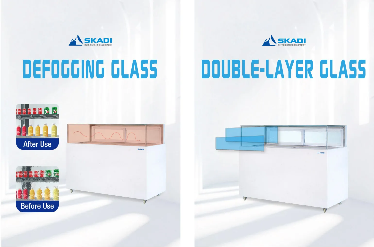 Wide Commercial Cake Display Refrigerator | LJR featuring defogging glass technology, displaying before-and-after images showing improved visibility for products like beverages, and highlighting double-layered glass for enhanced insulation and durability, illustrated with overlapping glass panels.