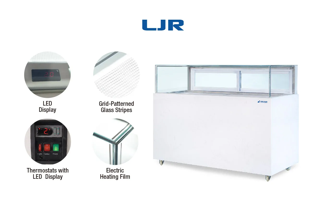 Wide Commercial Cake Display Refrigerator | LJR with a focus on key features including LED display, grid-patterned glass stripes, thermostats with LED display, electric heating film, and a sleek corner glass design.