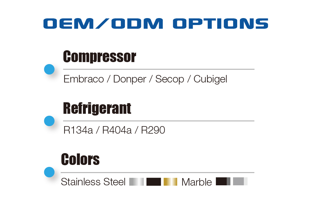 This image lists OEM/ODM options for Skadi refrigeration products, including compressors (Embraco, Donper, Secop, Cubigel), refrigerants (R134a, R404a, R290), and color choices (Stainless Steel, Gold, Black, and Marble). It features bullet points and color samples for visual reference.