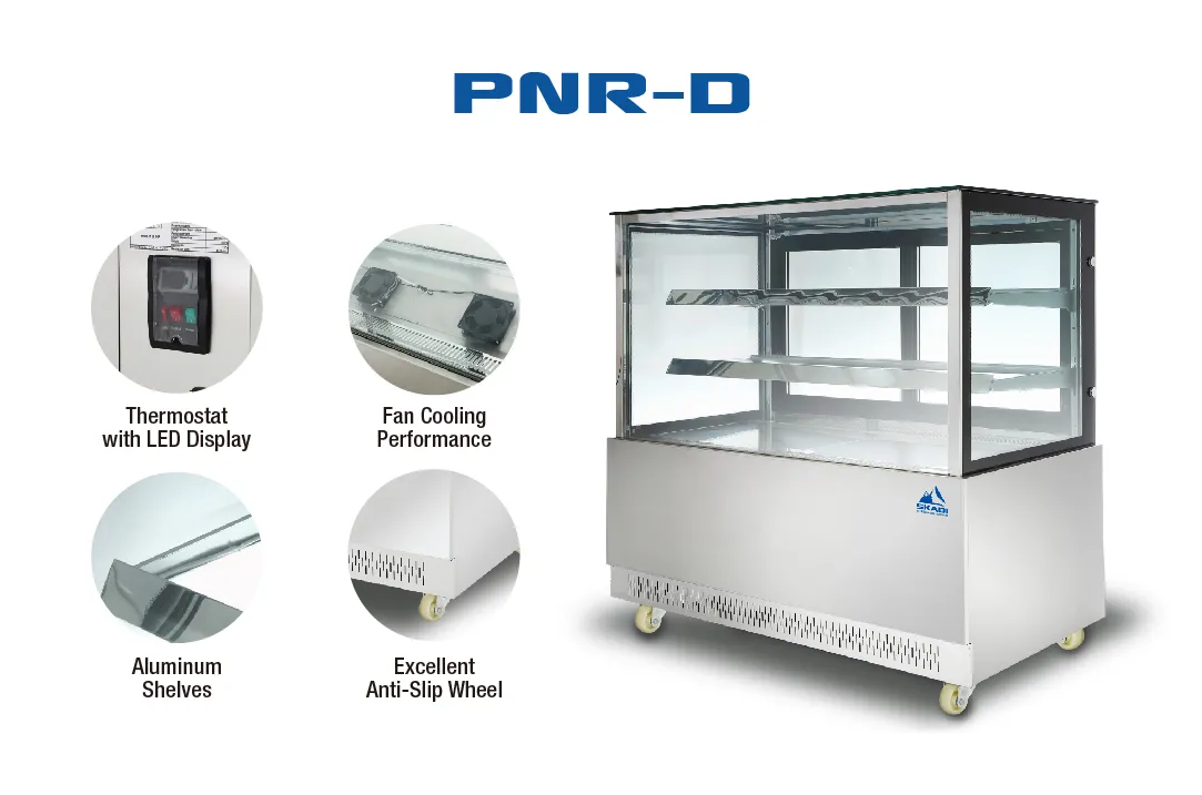 A promotional image for the Wide Body Commercial Cake Display Cabinet | PNR-D, showcasing key features including a thermostat with LED display, fan cooling performance, aluminum shelves, and excellent anti-slip wheels. The cabinet is shown in a sleek stainless-steel finish.