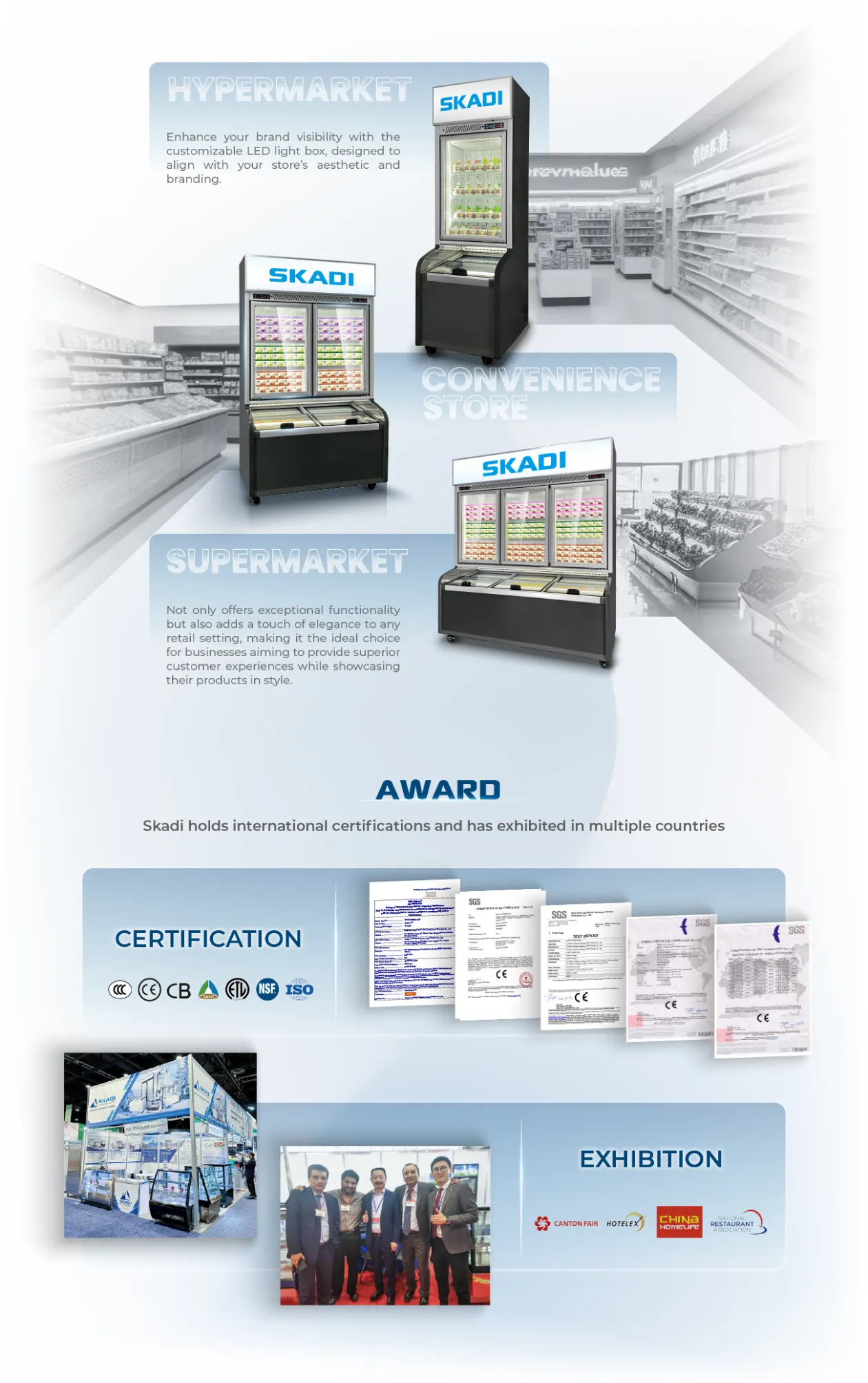 Display of the Durable Commercial Freezer Cabinet | CFC-1268A in different retail environments—hypermarkets, convenience stores, and supermarkets—emphasizing its adaptability with options for branding and efficient functionality. Also includes certifications and participation in international exhibitions like the Canton Fair and NRA Show, validating its quality and market presence.