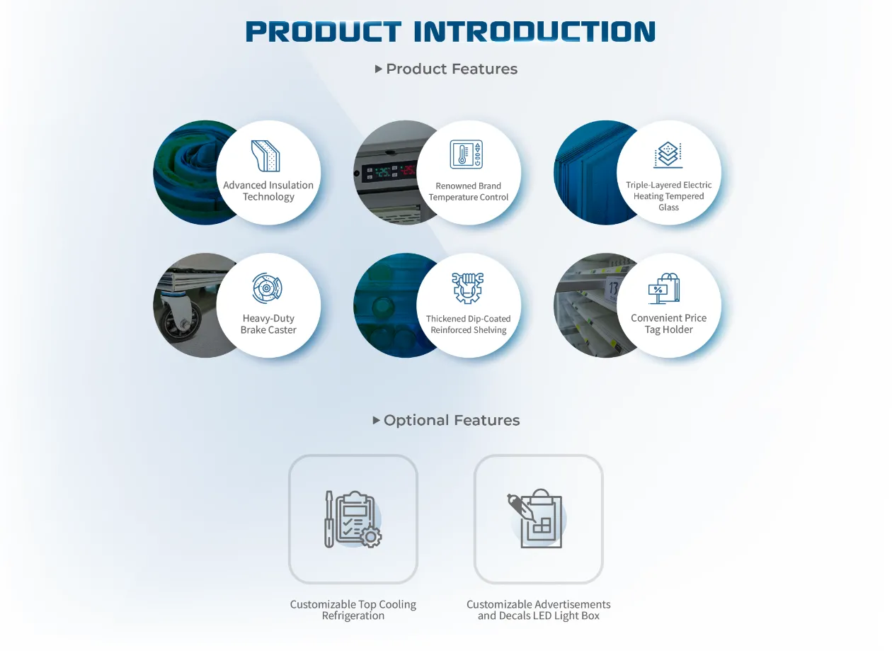 Detailed product features for the Compact Combination Freezer for Commercial Use | CFC-678A, highlighting advanced insulation, tempered glass, reinforced shelving, and optional customization options for top cooling and LED advertising, emphasizing versatility and durability.