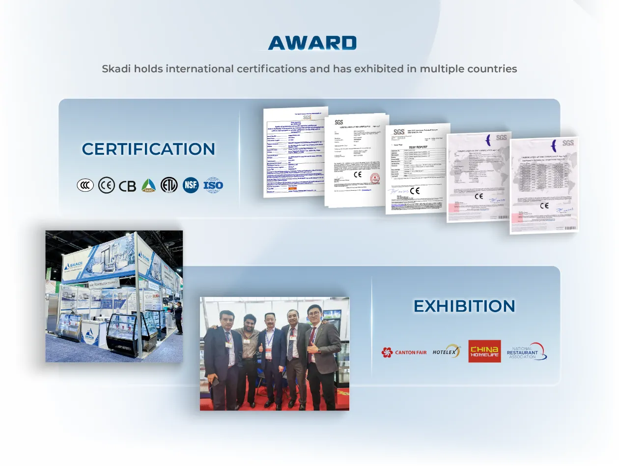 Certification and exhibition section for the Advanced Combination Freezer for Bulk Orders | DTFC-688C, showcasing Skadi’s global certifications and trade show presence, including events like the Canton Fair and NRA Show, affirming product quality and international reach.