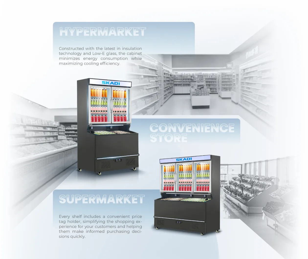 Illustration showing the Advanced Combination Freezer for Bulk Orders | DTFC-688C in different retail settings—hypermarkets, convenience stores, and supermarkets—highlighting its adaptability with features like price tag holders and efficient insulation for energy savings.