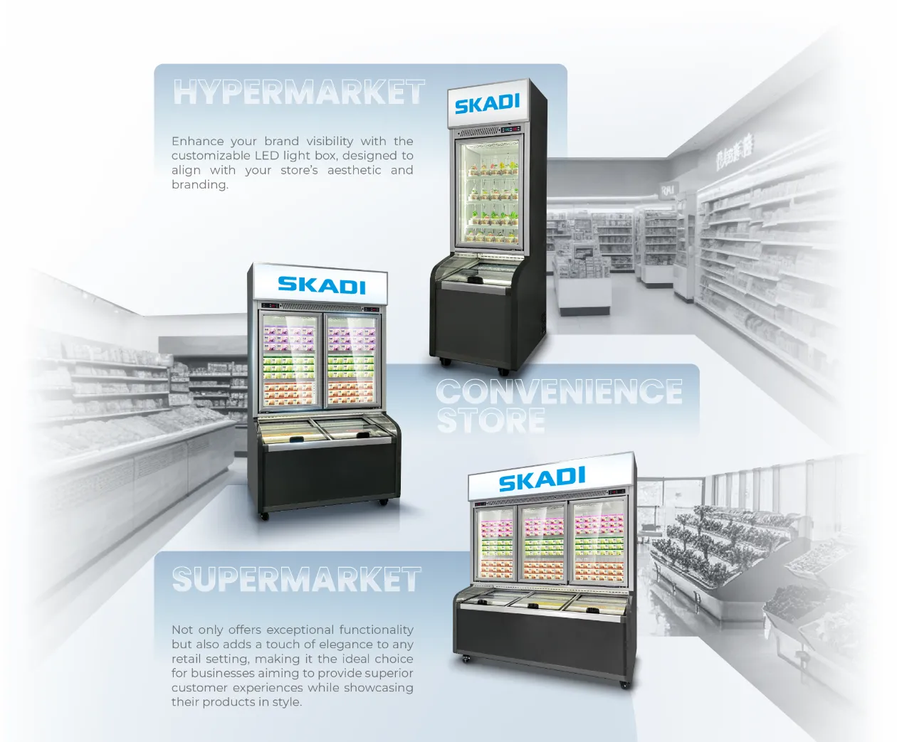 Illustration of different retail environments—hypermarkets, convenience stores, and supermarkets—showcasing the Compact Combination Freezer for Commercial Use | CFC-678A’s suitability across varied retail settings, with customizable LED branding options to enhance store alignment.