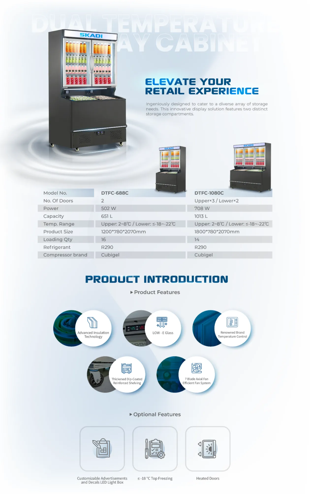 Image showcasing the High-Capacity Combi Freezer for Corporate Solutions | DTFC-1080C along with model DTFC-688C, featuring dual temperature zones, LOW-E glass, advanced insulation, and a 7-blade axial fan system for efficient cooling. This freezer is designed for large-scale retail environments, offering customizable LED advertisements and heated doors as optional features.