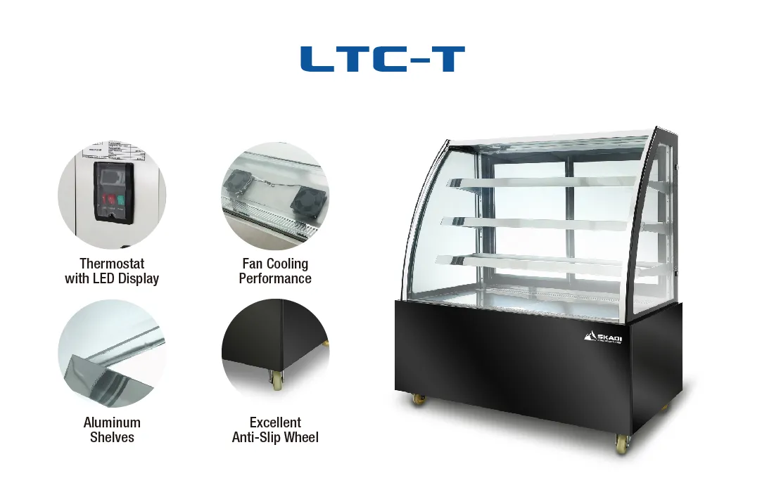 A black, curved glass refrigerated display case model LTC-T by Skadi, featuring a thermostat with LED display, fan cooling performance, aluminum shelves, and anti-slip wheels. The display case is designed for efficient cooling and ease of mobility in commercial settings.