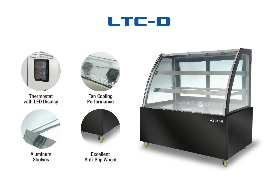 A display showcasing the LTC-D cake display fridge by SKADI. It highlights features like a thermostat with LED display, fan cooling performance, aluminum shelves, and anti-slip wheels.