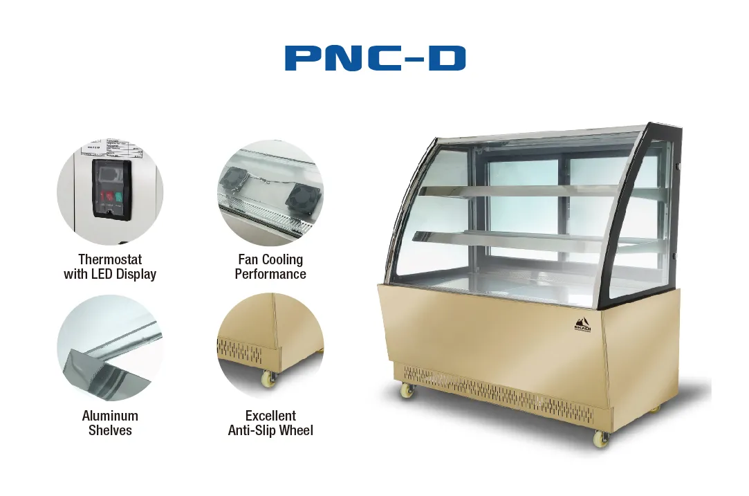 PNC-D commercial cake display case with curved glass front, featuring a thermostat with LED display, fan cooling performance, aluminum shelves, and excellent anti-slip wheels.