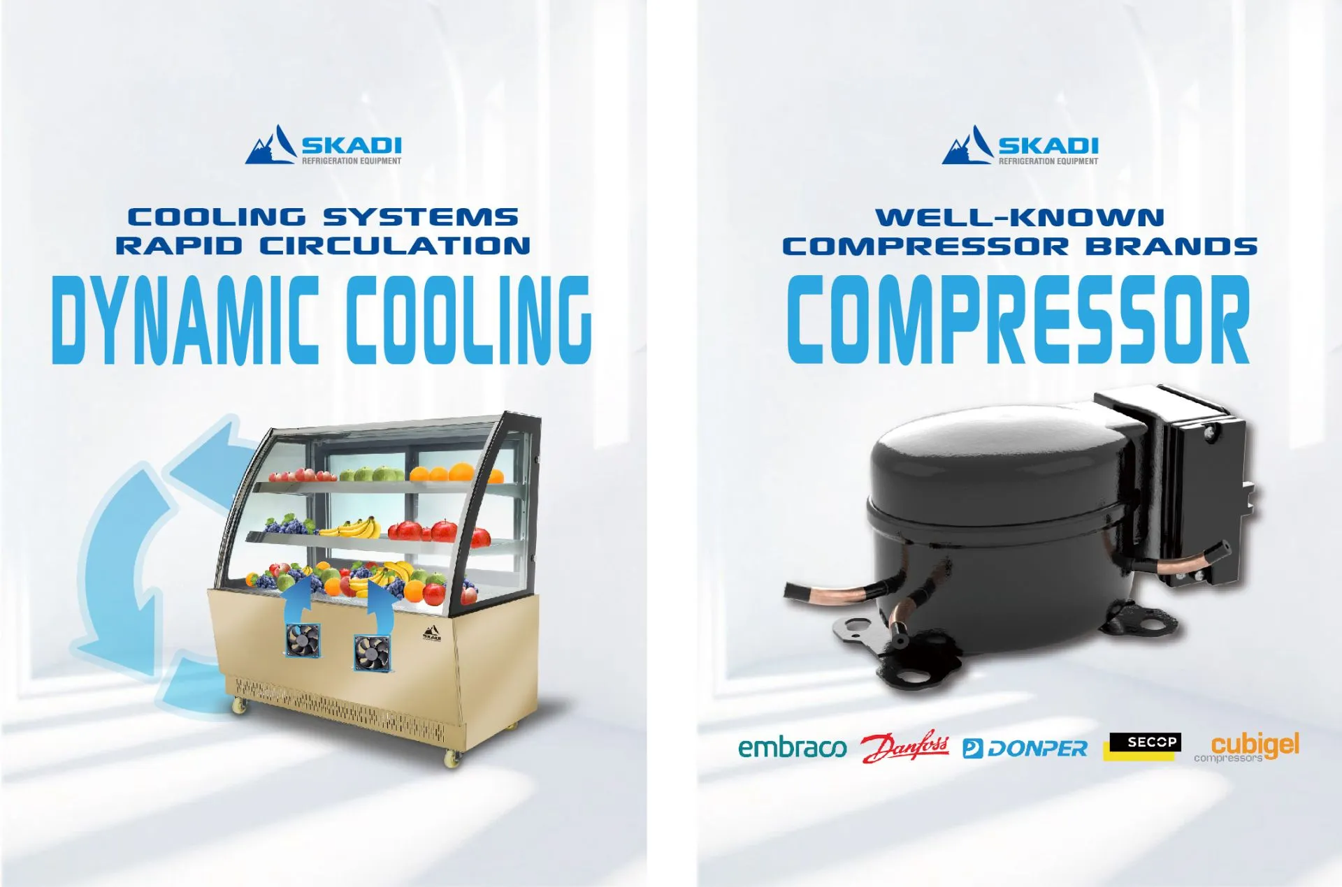 PNC-D Commercial cake display case with dynamic cooling system for rapid air circulation, showcasing a variety of fresh fruits, alongside a graphic promoting well-known compressor brands such as Embraco, Danfoss, and Secop.