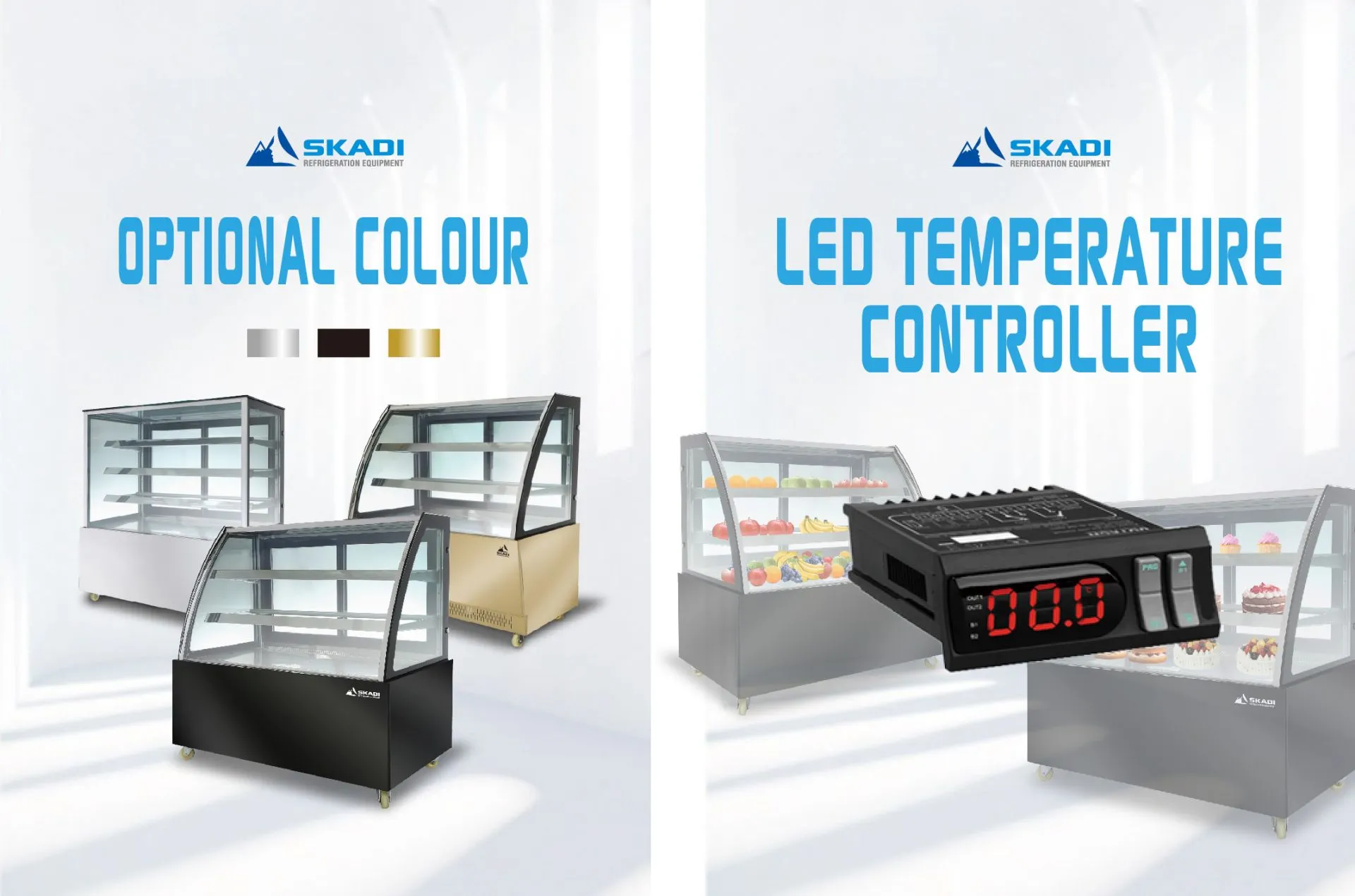 SKADI LTC-D Series refrigeration units showcasing optional color choices in silver, black, and gold, along with an LED temperature controller for precise cooling management. The image features various cake display refrigerators with a focus on customizable design and temperature control technology.