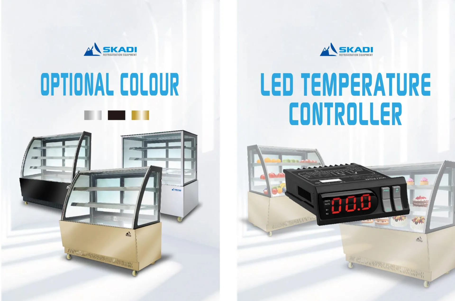 Three commercial cake display cases in different color options—black, gold, and white—alongside a graphic promoting the PNC-D LED temperature controller for precision cooling.