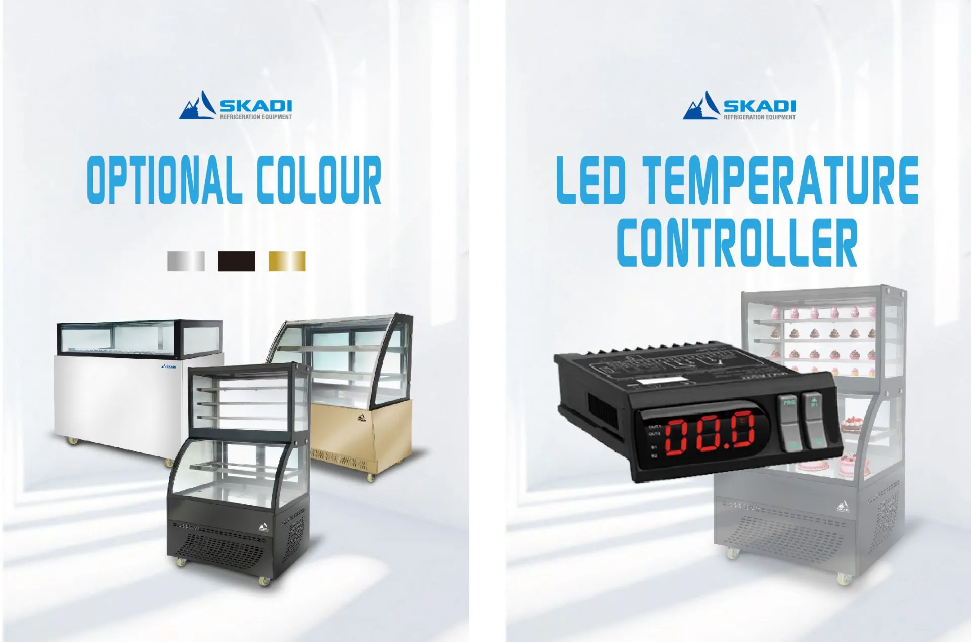 A promotional image for the Compact Curved Glass Cake Display Cabinet | DXX, showcasing available color options in stainless steel, black, and gold, along with an LED temperature controller for precise cooling management.