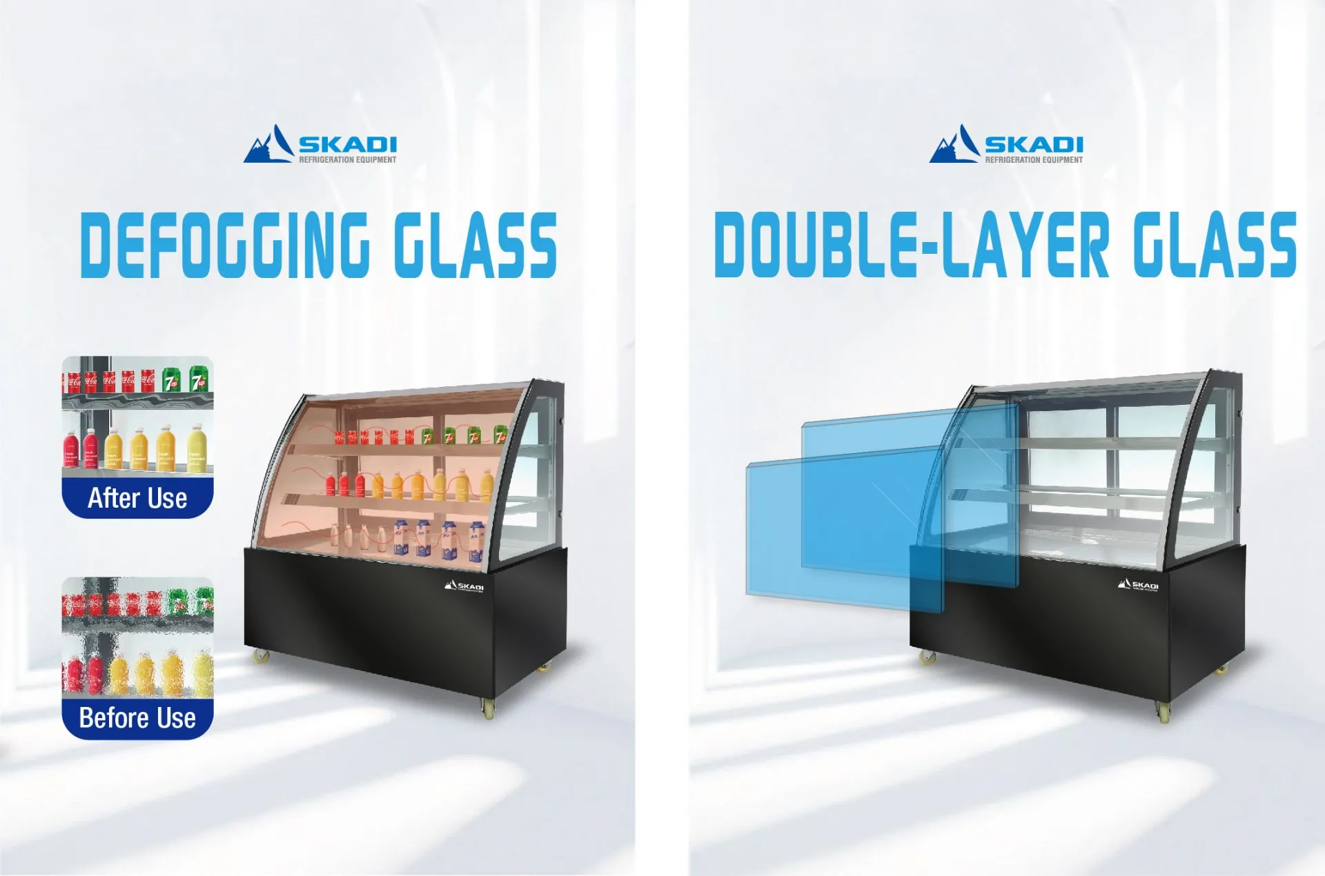 SKADI LTC-D Series display showcasing defogging glass technology with a before and after comparison, and a double-layer glass feature. The image emphasizes clear visibility for products even in humid conditions, along with enhanced insulation through the double-layer glass system.