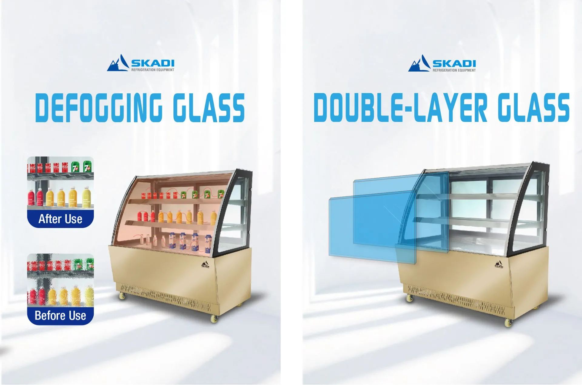 PNC-D Commercial cake display case showcasing beverages, with a before-and-after comparison of defogging glass technology, paired with a graphic illustrating double-layer glass for enhanced insulation.