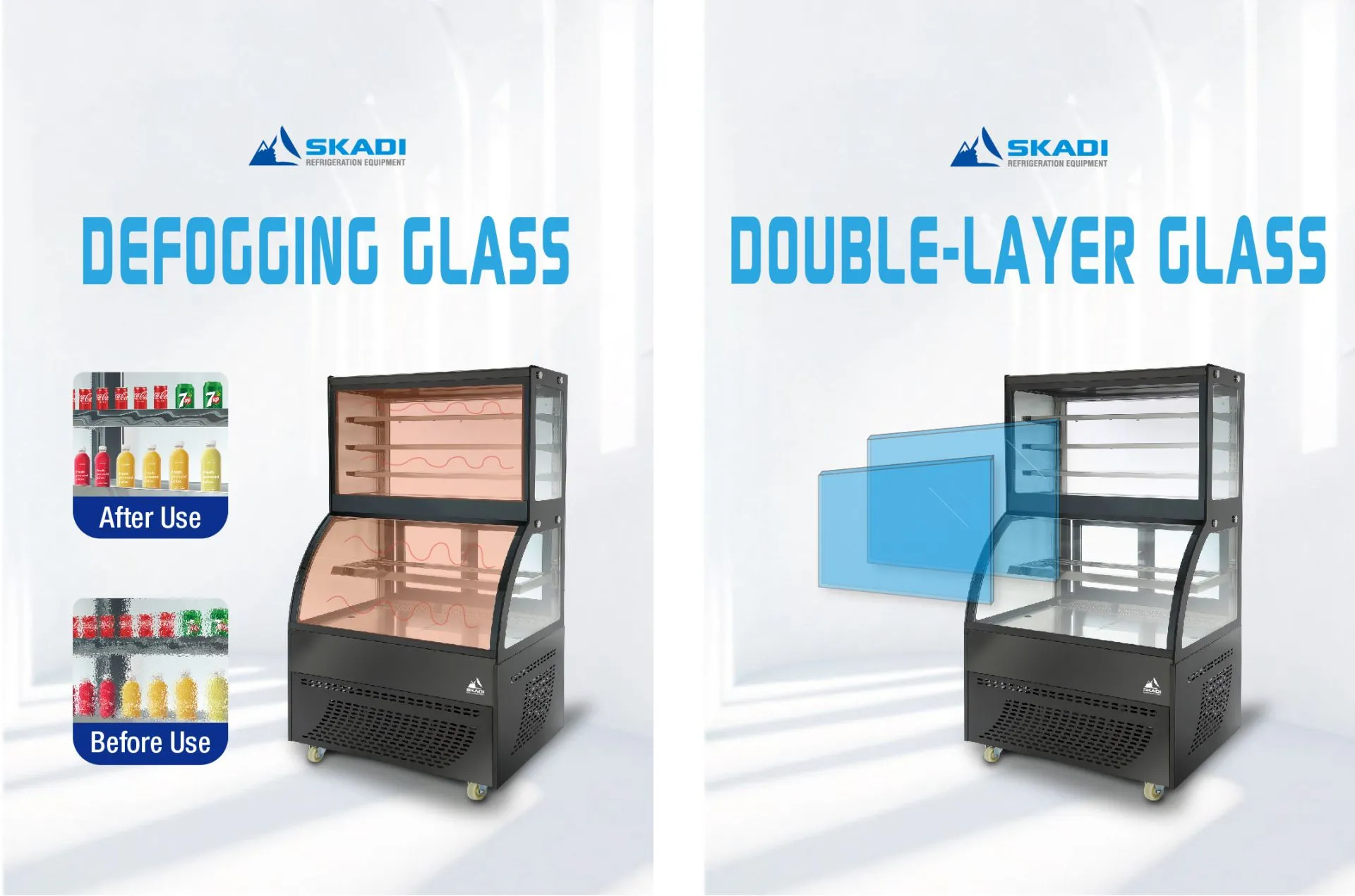 A promotional image for the Compact Curved Glass Cake Display Cabinet | DXX, featuring defogging glass with a comparison of before and after use, and a highlight on the double-layered glass for enhanced durability and insulation.