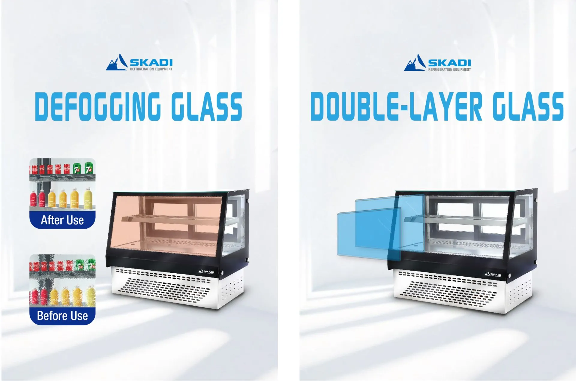 An image highlighting the defogging glass feature of the [High-Visibility Countertop Cake Display Cabinet | CTD], demonstrating the difference before and after use, paired with a visual showing the cabinet’s double-layer glass design for added insulation.