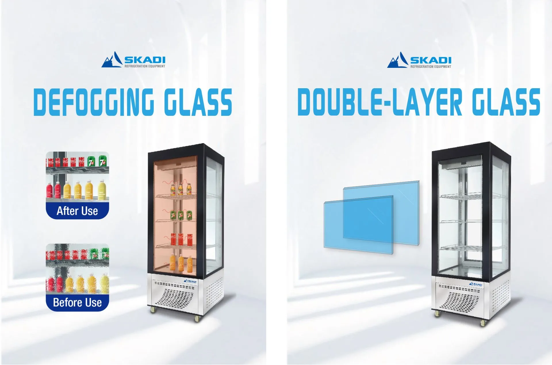 Image illustrating the defogging glass feature in the Vertical Upright Chiller | FGG, with a before and after comparison labeled 