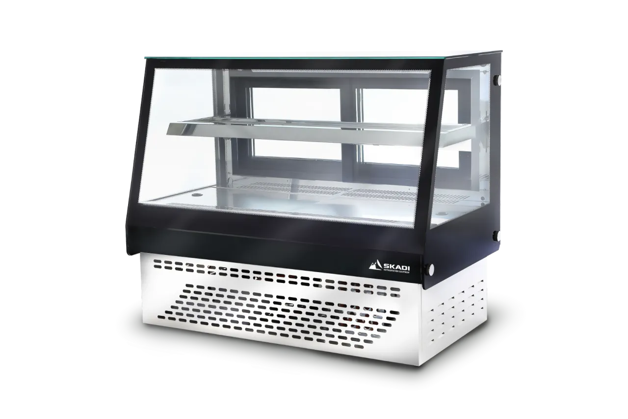 A sleek [High-Visibility Countertop Cake Display Cabinet | CTD] with a black and stainless steel finish, featuring a two-tier glass shelving system and a perforated vent at the bottom for enhanced cooling.