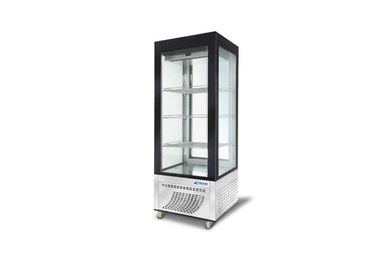 A sleek, glass-sided Vertical Upright Chiller | FGG with multiple display shelves, ideal for showcasing products in a professional retail or hospitality environment. The unit is designed for optimal visibility and accessibility with transparent walls and a modern stainless steel finish.