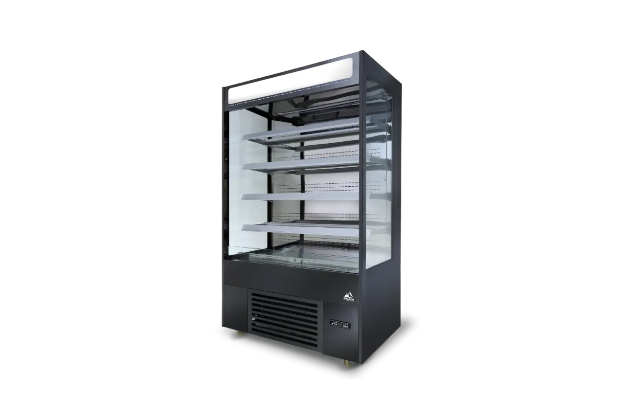 A sleek black [High-Efficiency Open Chiller for Corporate Environments | LOC] with multiple open shelves and a glass front, designed for easy display and accessibility in corporate settings.