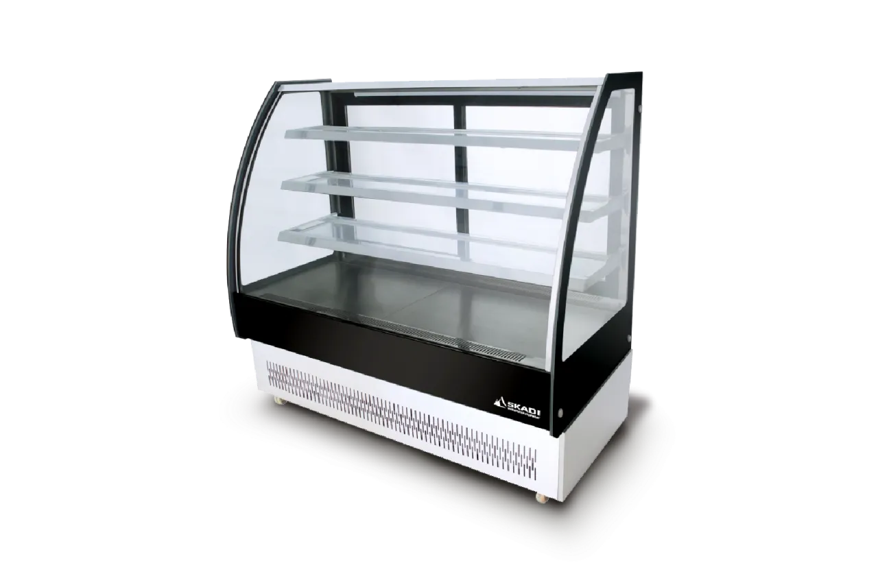 A single black and white Full-View Curved Glass Pastry Display Showcase | ORC-T with clear glass shelves and a curved front glass panel, designed for displaying pastries.