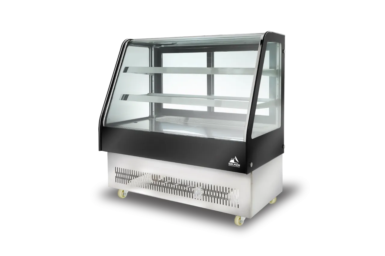 A black and stainless steel rectangular commercial cake display cabinet with glass front, featuring two internal shelves for displaying baked goods. The product name is Rectangular Commercial Cake Display Cabinet | ORD-D.