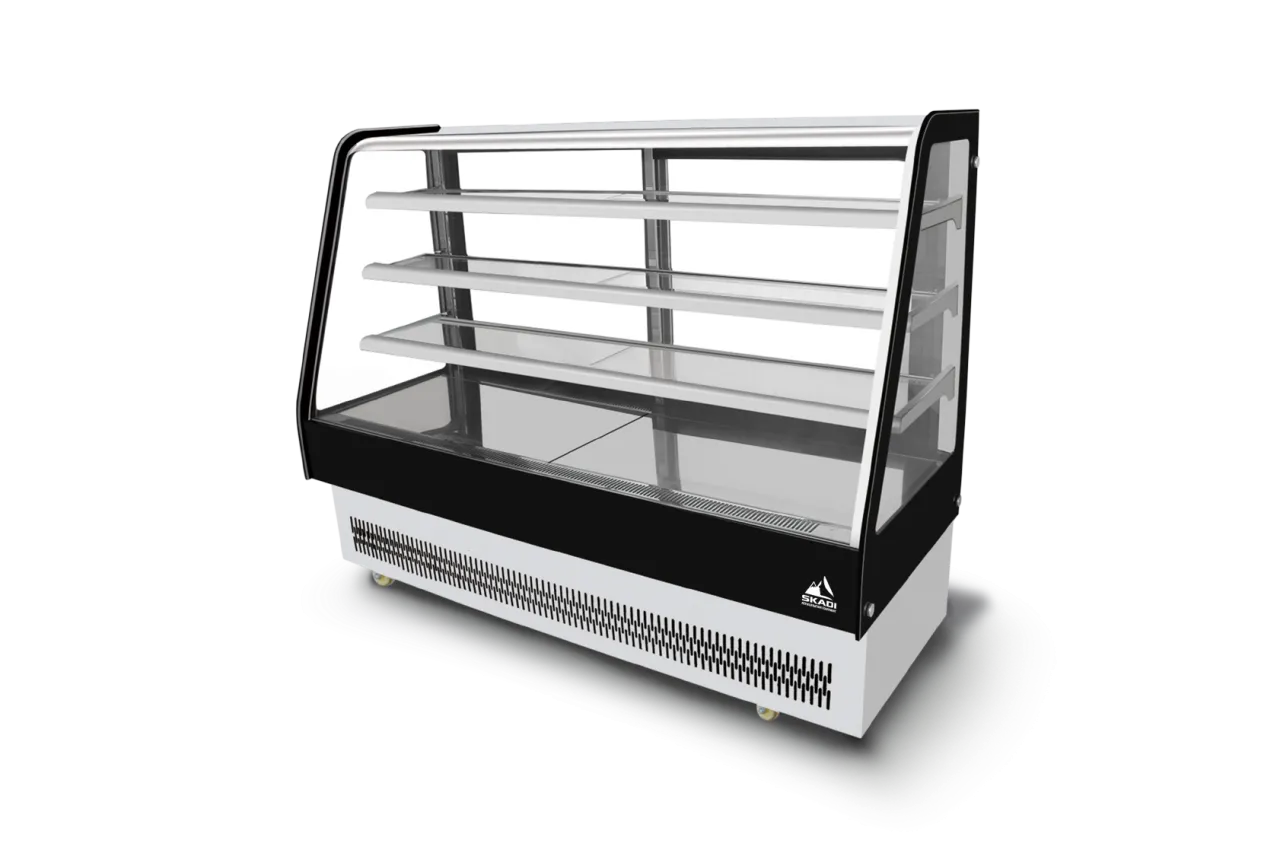 A Transparent Panoramic Cake Display Showcase | ORD-T with a sleek black and white design, featuring three spacious shelves for displaying cakes and pastries.