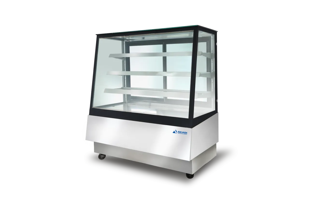 Full-View Pastry Display Cabinet with Right-Angle Design | ORX-T, featuring a sleek stainless steel body and glass front, with multiple shelves for optimal bakery display.