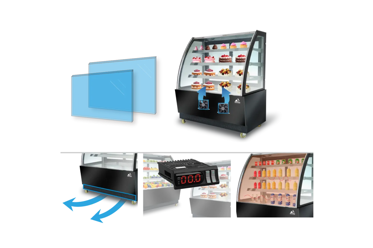 This image of the High-End Panoramic Cake Display Showcase | PNC-T highlights features such as dual-pane glass for insulation, efficient airflow for temperature regulation, and a digital temperature display. The showcase is filled with cakes and beverages for demonstration.