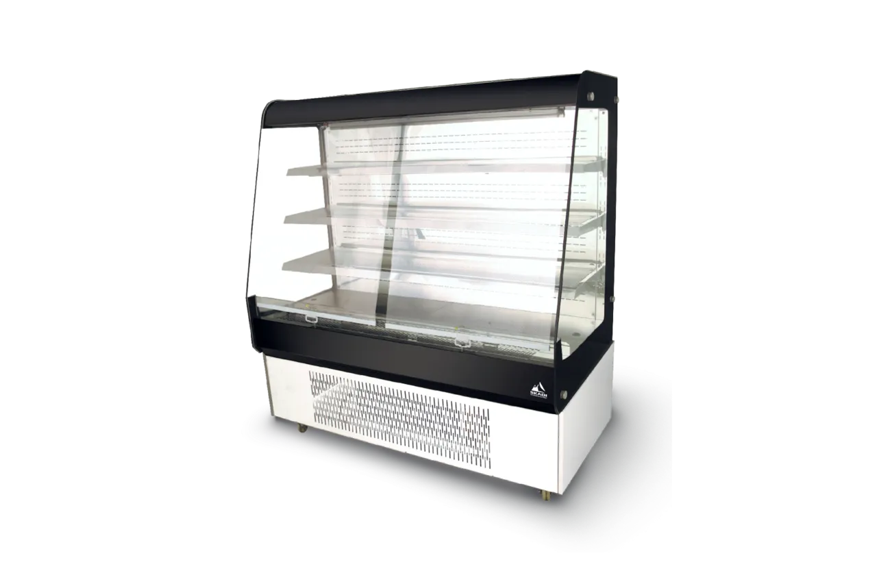 A sleek, freestanding [Durable Open Chiller with Efficient Cooling | SOC] unit with a glass front display and multiple adjustable shelves, designed for showcasing chilled products in a commercial setting.