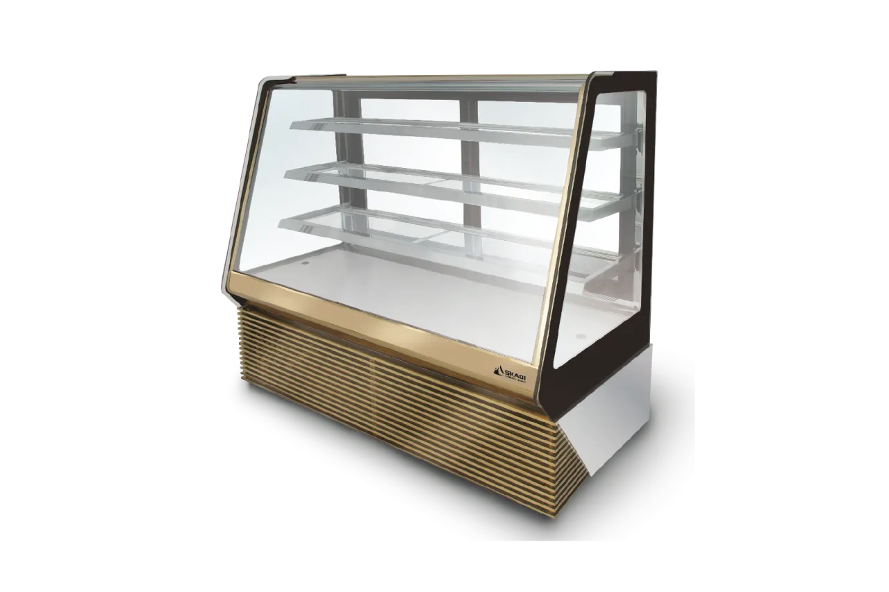 Luxurious Panoramic Cake Display Showcase | TLC-T with a modern glass and gold design, featuring multiple interior shelves for displaying cakes or pastries. The front features a slotted golden metal base for added elegance.