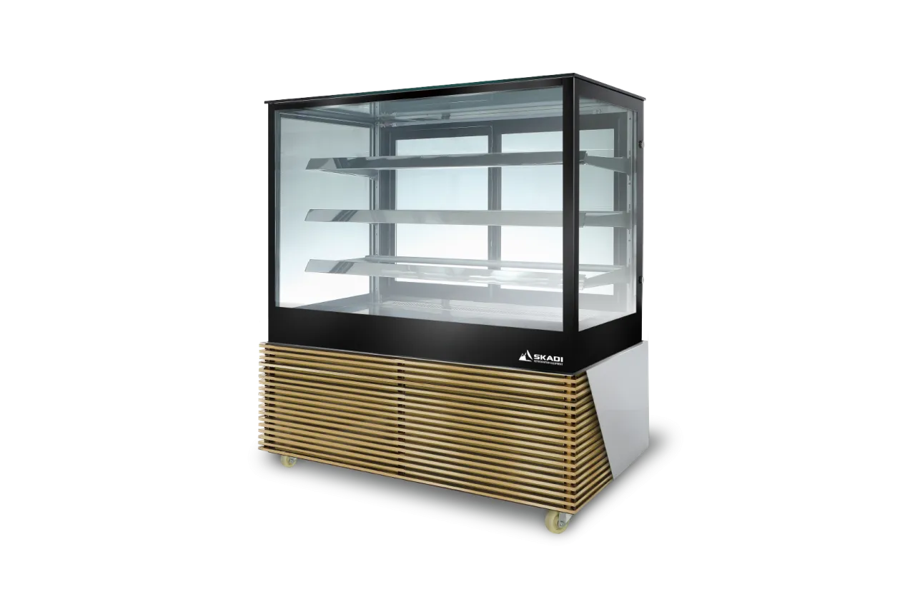 A sleek glass display case with multiple stainless steel shelves and a wooden accent base, designed by Skadi, showcasing the [Full-View Curved Glass Cake Display Showcase | TLR-T], ideal for pastry and cake displays.