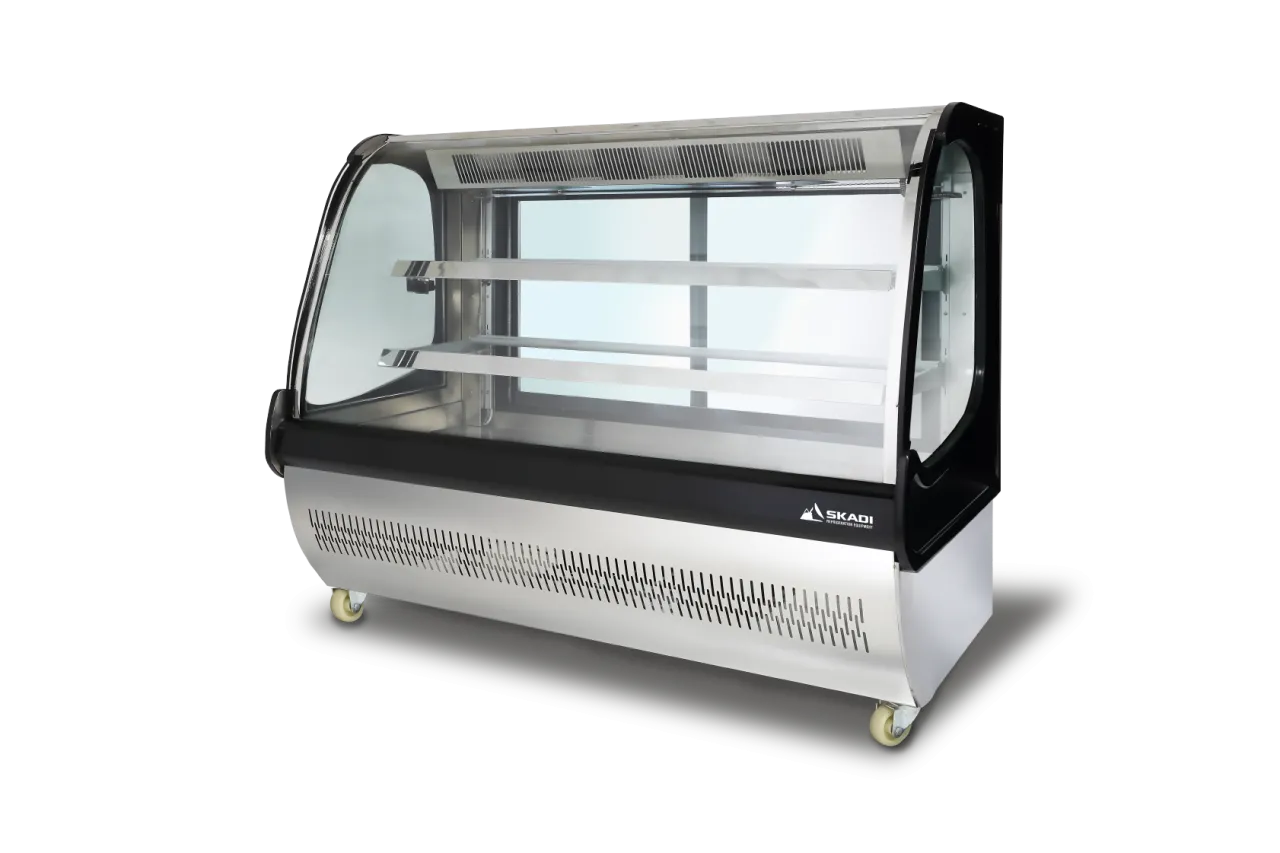 Spacious Curved Glass Commercial Cake Display Cabinet | XRC-D with two shelves and a clear glass front for displaying bakery items, featuring a sleek design with curved edges and built-in wheels for mobility.