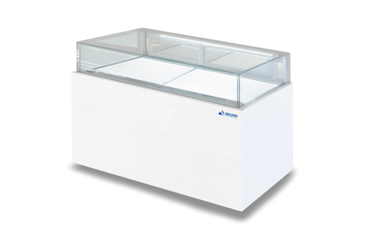 Wide Commercial Cake Display Refrigerator | LJR with a sleek white design, featuring a glass top and an insulated base. Ideal for showcasing cakes and pastries in a commercial setting.