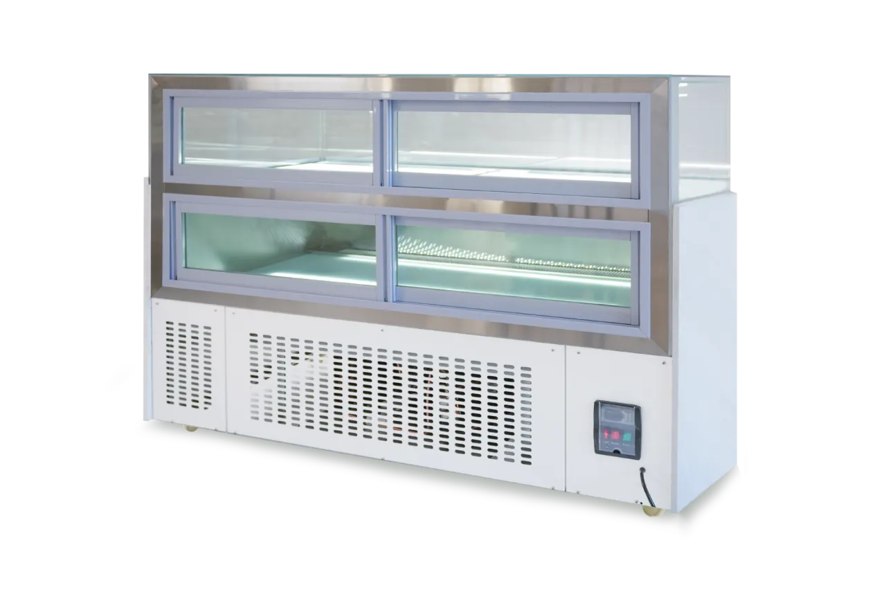 Wide Commercial Cake Display Refrigerator | LJR, rear view showing cooling vents and electronic controls, emphasizing the refrigeration system for efficient cake preservation.